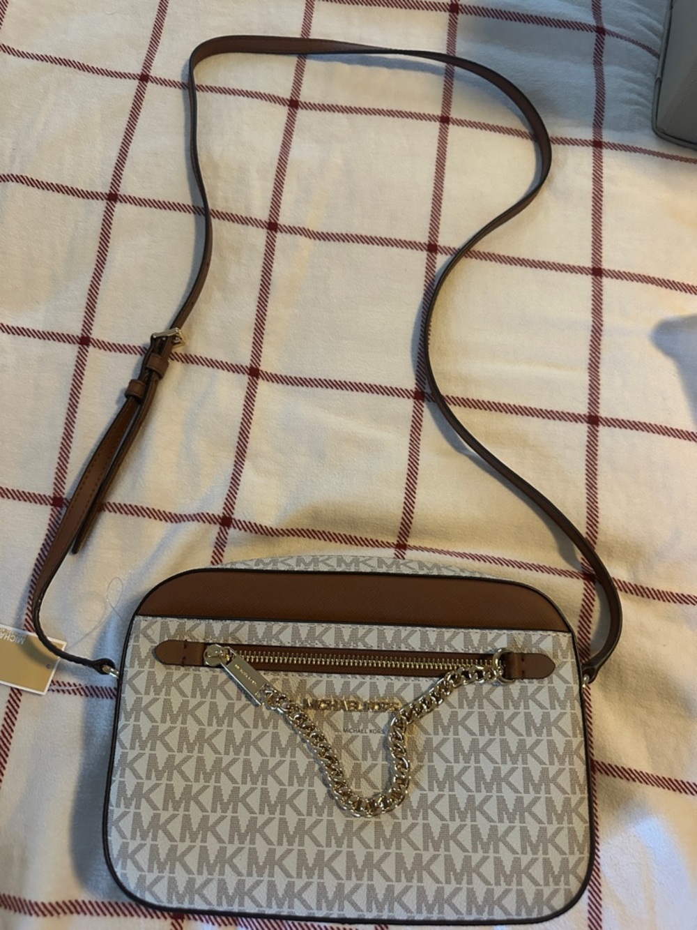 BNWTMichael Kors Beige/Light Brown Logo Crossbody with Gold Chain